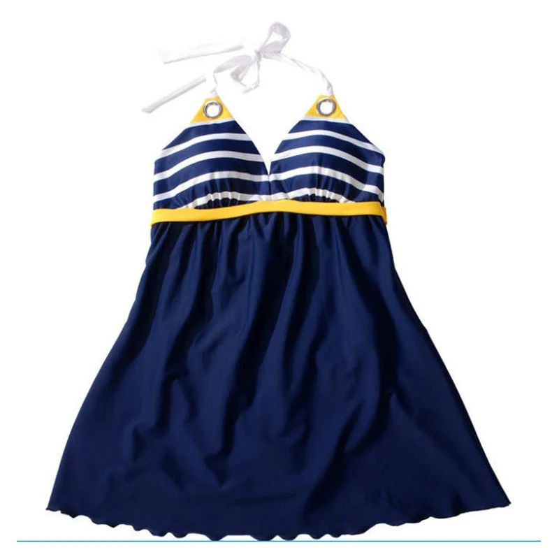 Navy Blue Women Striped One Piece Swimsuits Halter Swimwear Set Padding