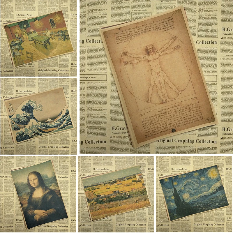 

Leonardo Di Ser Piero Da Vinci Vincent Willem van Gogh Retro Kraft Paper Poster Bar Cafe Living Room Dining room Wall Decorative