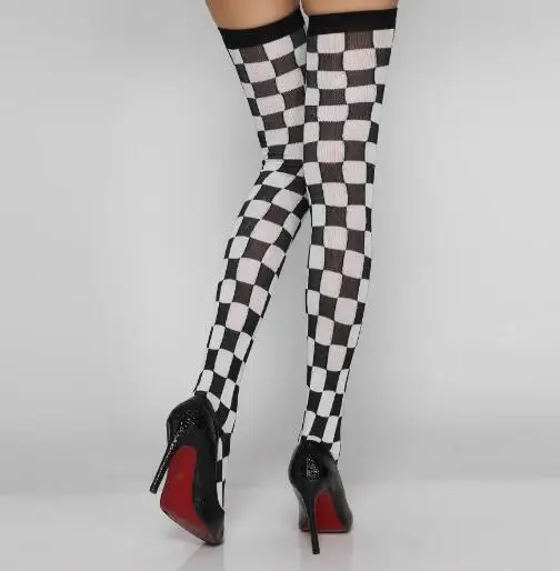 Fashion Stockings for Women Sexy Knee Socks New Women Grid Stockings Female Cotton Thigh High Stockings Black with white