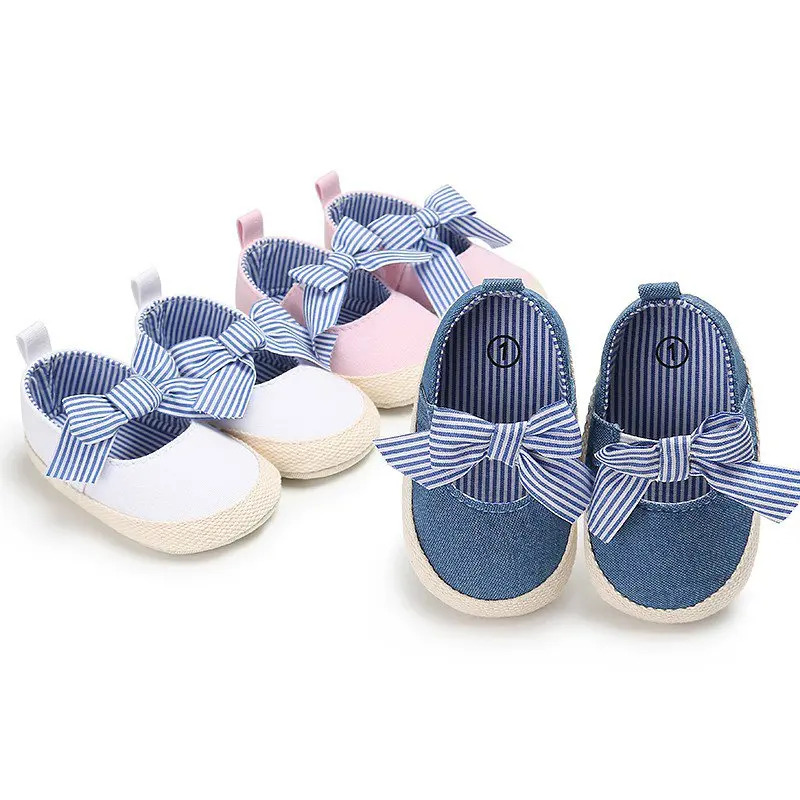 Baby Girls Princess Shoes Crib Bebe Kids First Walkers Infant Toddler Striped Big Bow Soft Soled Anti-Slip Dress Shoe