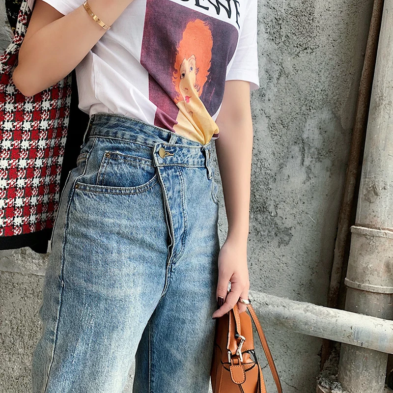 Camkemsey Vintage Mom Jeans Woman 2019 Fashion Asymmetric Bevels Autumn Winter Classic High Waist Straight Jeans Female