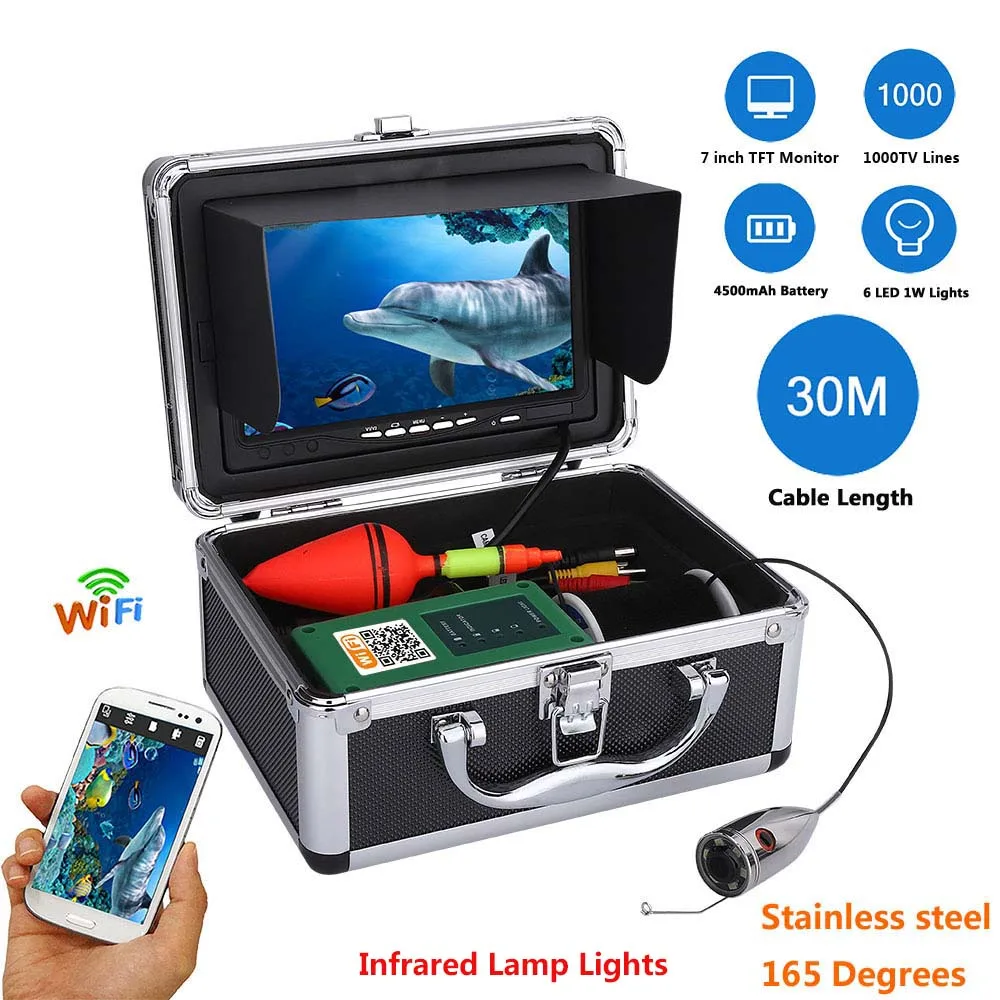

7" Color Monitor 30m Cable 1000TVL WiFi Underwater Fishing Camera Fish Finder 5 Mobile Devices Viewing for iOS for Android