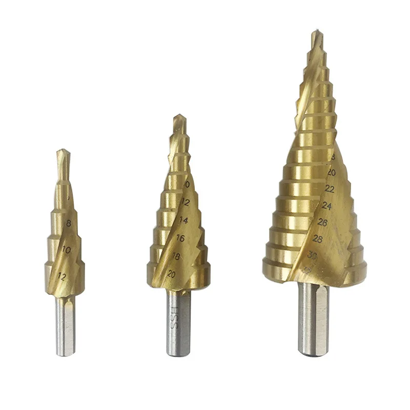 

3pcs/set HSS Stepped Drill Bits 4-12 4-20 4-32mm Triangular Handle Spiral Groove Step Titanium Pagoda Drill Electrical Tools