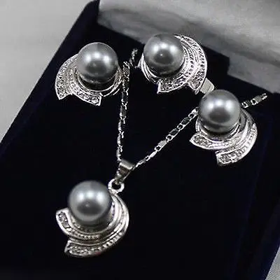 

1 set 10mm Silver Gray South Sea shell pearl pendant Necklace earring Ring>^^>18K gold plated watch Quartz stone CZ crystal