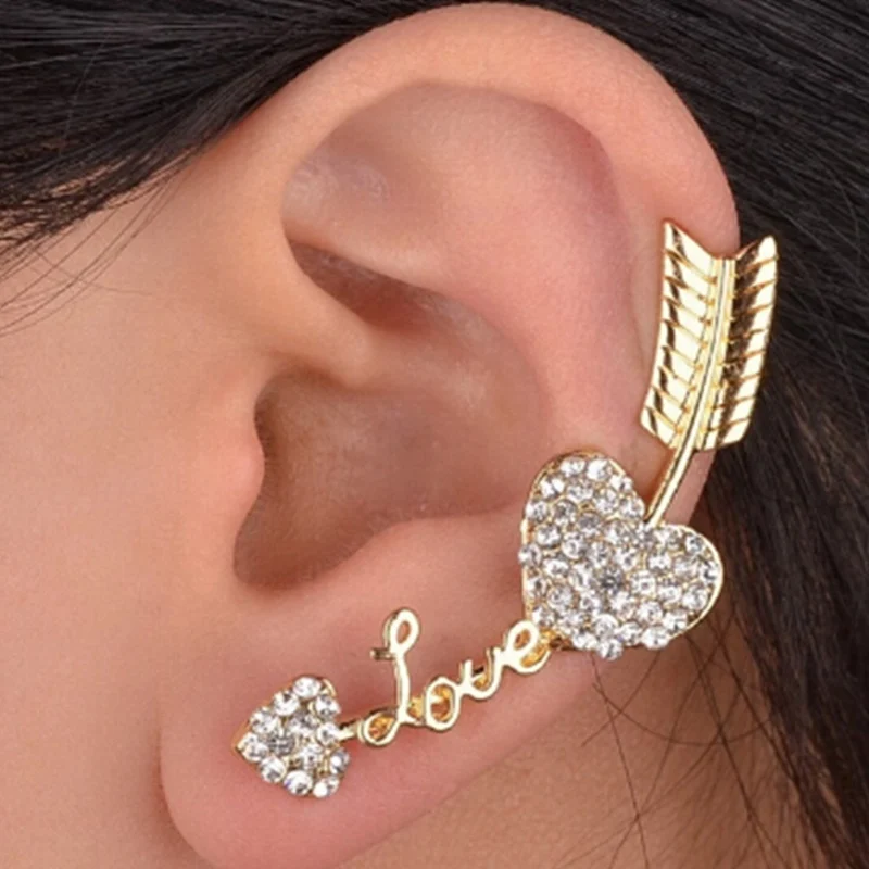 

Only 1Pcs Charm Gold Silver Color Love Heart Arrow Crystal Rhinestone Ear Wrap Cuff Earring Stud Wholesale