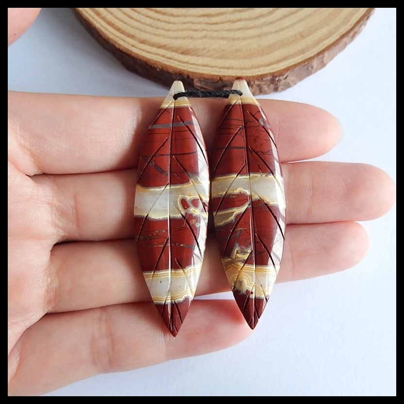

Natural Red River Jasper Carved leaves women fashion Earrings,Semiprecious stone earring,57x17x4mm,13.1g