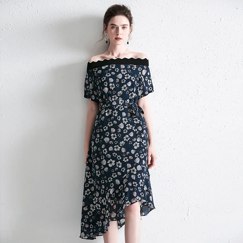 

PIXY Blue Print Heavy Silk Dress Sexy Slash Neck Ladies Dresses Summer Belt Irregular Warp Dress Wave sukienka Elegant vestidos