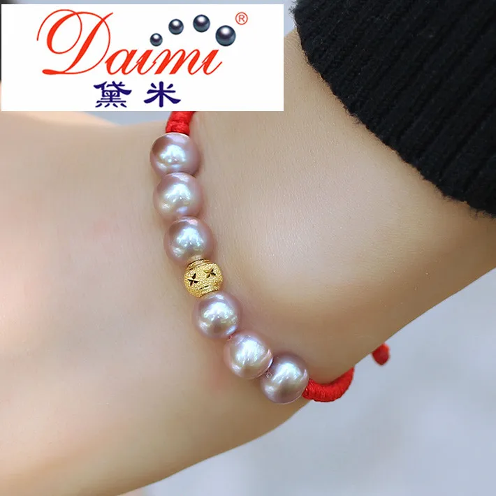 High Quality Red Bracelet 8-9 MM Purple Natural Freshwater Pearl & 999 Pure Gold Ball Bracelet Bijouterie