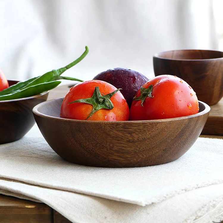 Retro Handmade Wooden Bowl Salad Bowl Fruit Rice Food Serving Bowl Tableware 