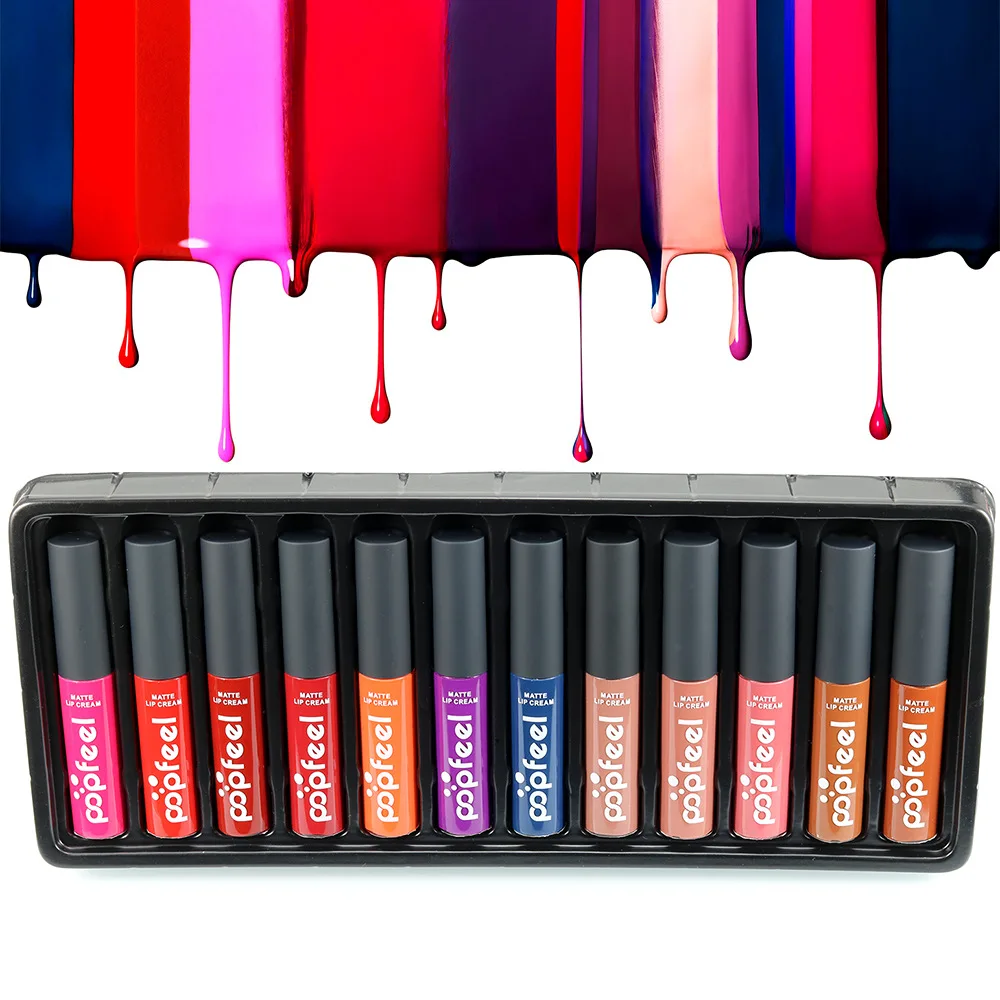 

12 Pcs/Kit Popfeel Makeup Lip Stain Waterproof Matte Liquid Lipstick Nude Color Moisturizing Lip Gloss Set
