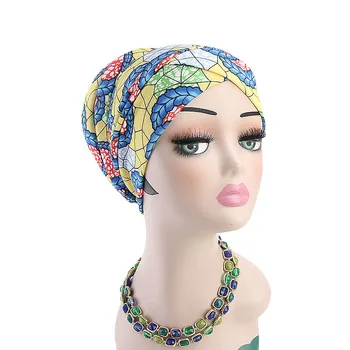 

2019 Muslim Print Flowers Stretch Turban Ruffle Hair Hats Beanie Bandanas Scarf Head Wrap Headwear for Women 12