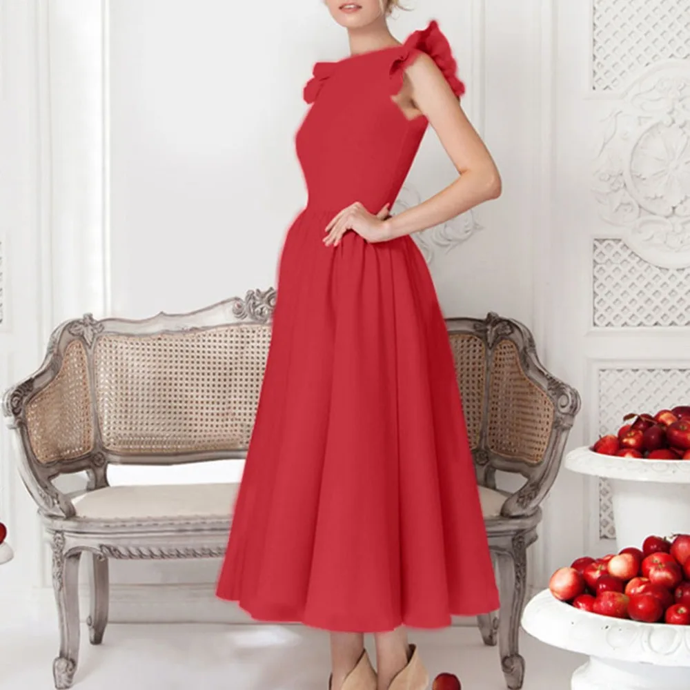 

10 colors Women Formal Butterfly Sleeveless O-Neck Prom Party solid Mid-Calf Dress vestidos mujer 2018