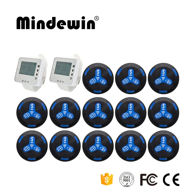 

Mindewin 2017 Paging System 15pcs Calling Button + 2pcs Watch Receiver Pager Wireless Call Pager System For Cafe Shop