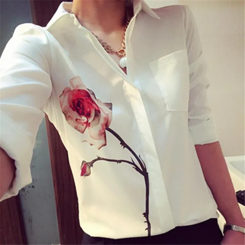 

JAYCOSIN New Fashion Women Long Sleeve Rose Flower Blouse Turn Down Collar Chiffon Shirts #0706