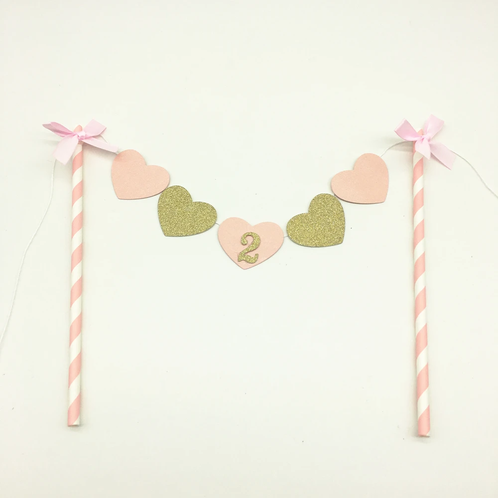 

Rainlemon(R) Glitter Gold Baby Girl 2nd Birthday Party Cake Decoration Pink Heart Cake Topper with Bowknot