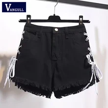 Vangull, летняя Корейская версия, стиль, женская одежда, большой размер, высокая талия, джинсовые шорты, перекрестный ремень, молния, джинсы с бахромой, шорты