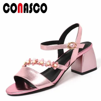 

CONASCO 2019 New Women Party Wedding Ankle Strap Sandals Genuine Leather Summer High Heels Shoes Flowers Decoration Shoes Woman