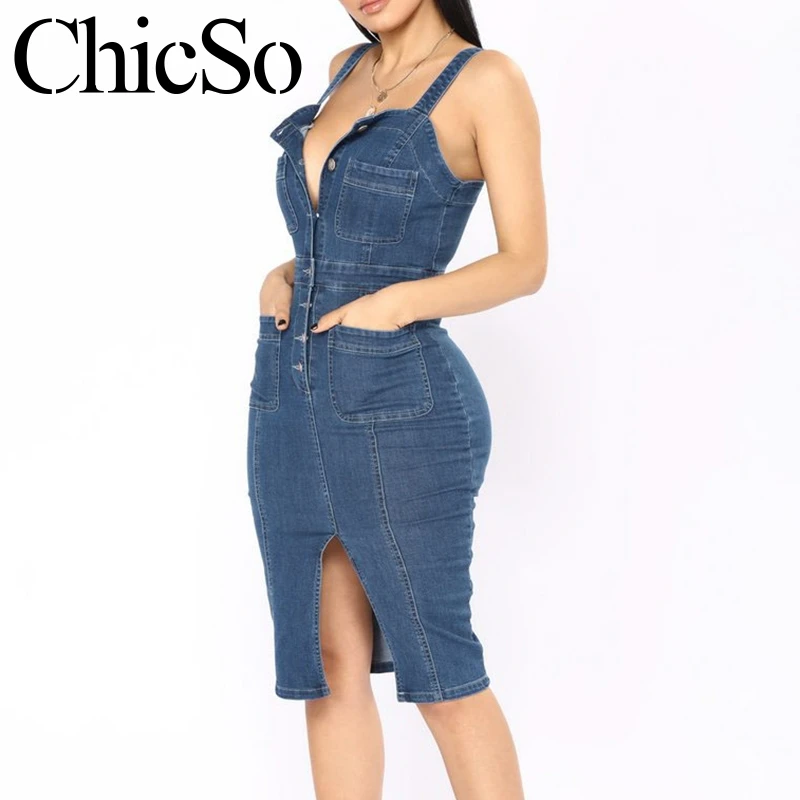 MissyChilli Split denim buttons bodycon jeans dress Women casual sleeveless backless sundress Summer slim holiday beach dress