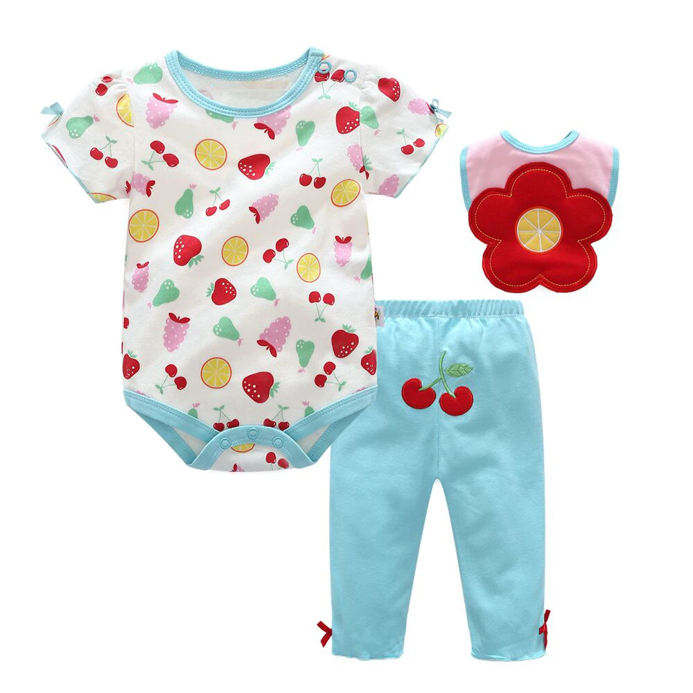  3 Pcs Baby Girl Clothes Set Summer Roupa Infantil Cotton Ice-cream Printed Baby Clothing Set Baby Romper+Baby Pants+Baby bibs (9)
