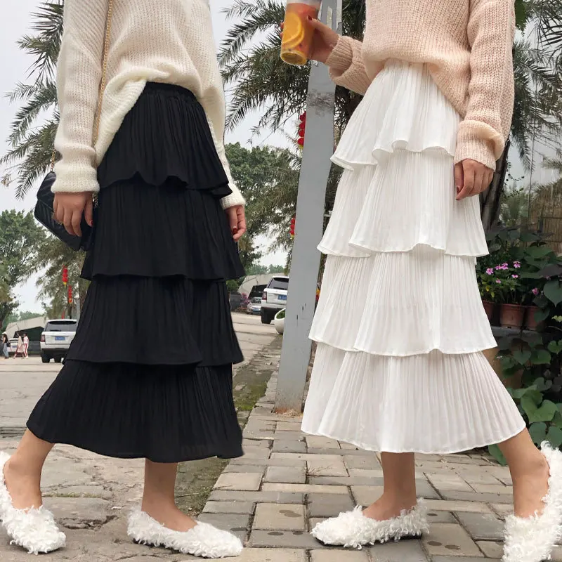 Шифоновая Пышная юбка женская весна осень новая Корейская Высокая талия длинная юбка Женская Студенческая плиссированная юбка Vestidos