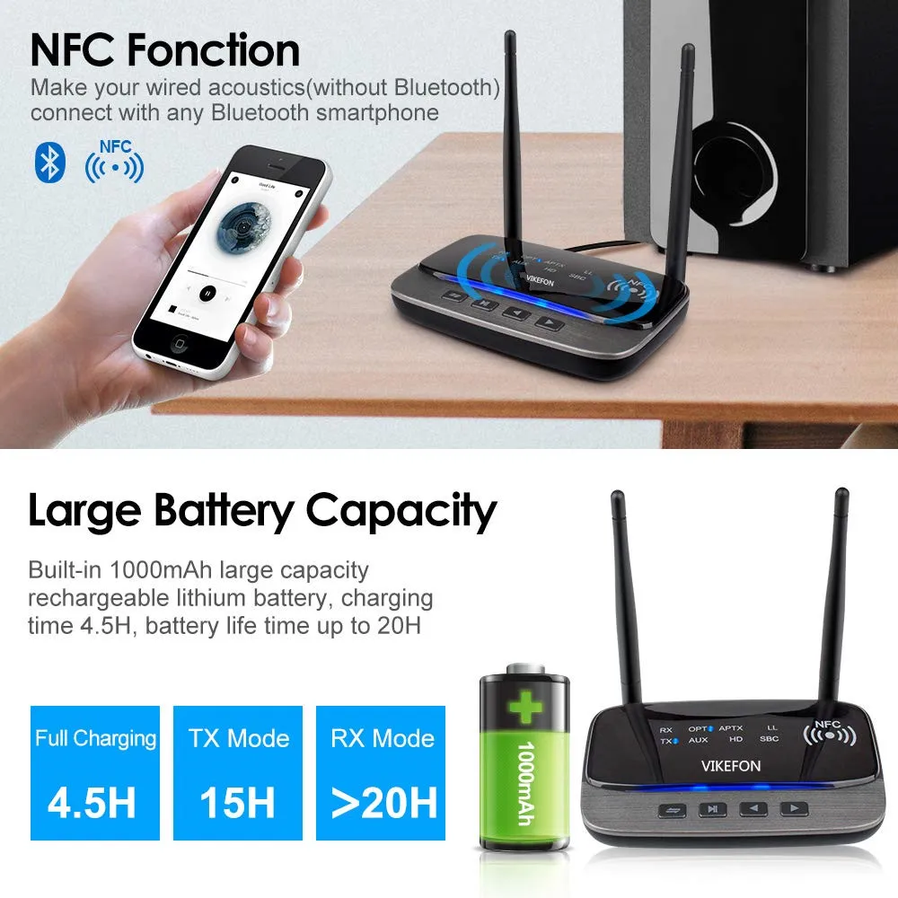 VIKEFON 262ft большой диапазон 5,0 Bluetooth аудио передатчик приемник NFC aptX HD apt-X Низкая задержка беспроводной адаптер для ТВ ПК автомобиля