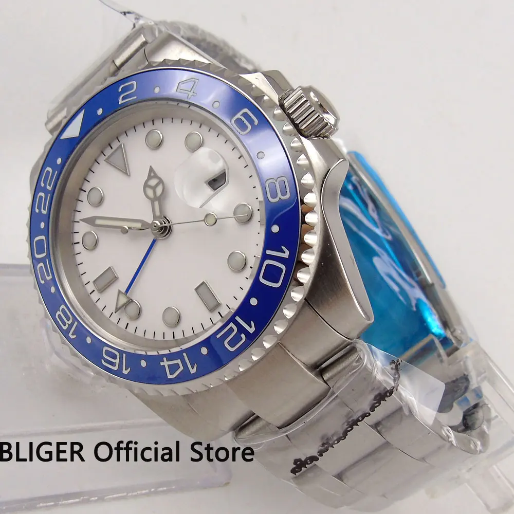 

Sapphire Crystal BLIGER 40MM White Sterile Dial Blue Ceramic Bezel GMT Function Luminous Marks Automatic Movement Men's Watch