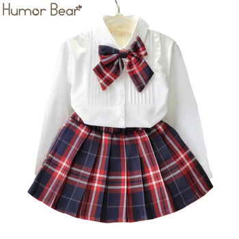 Humor Bear Autumn Kids Baby Girl Clothes Long Sleeve T-shirt+Grid Skirt +bowknot Casual 3PCS suits Student Girls' Clothing Sets 1