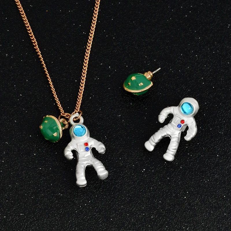 

Astronaut Planet Pendant Necklace Stud Earrings For Women Girl Fashion Cosmonaut Universe Jewelry set Birthday gift for friends