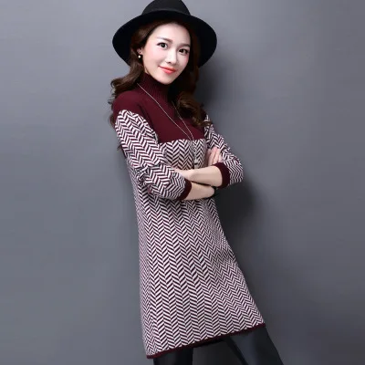 Уютное новое осенне-зимнее женское вязаное платье пуловер с высоким воротником тонкий толстый теплый свитер приталенное платье повседневное женское W139 - Цвет: Browm