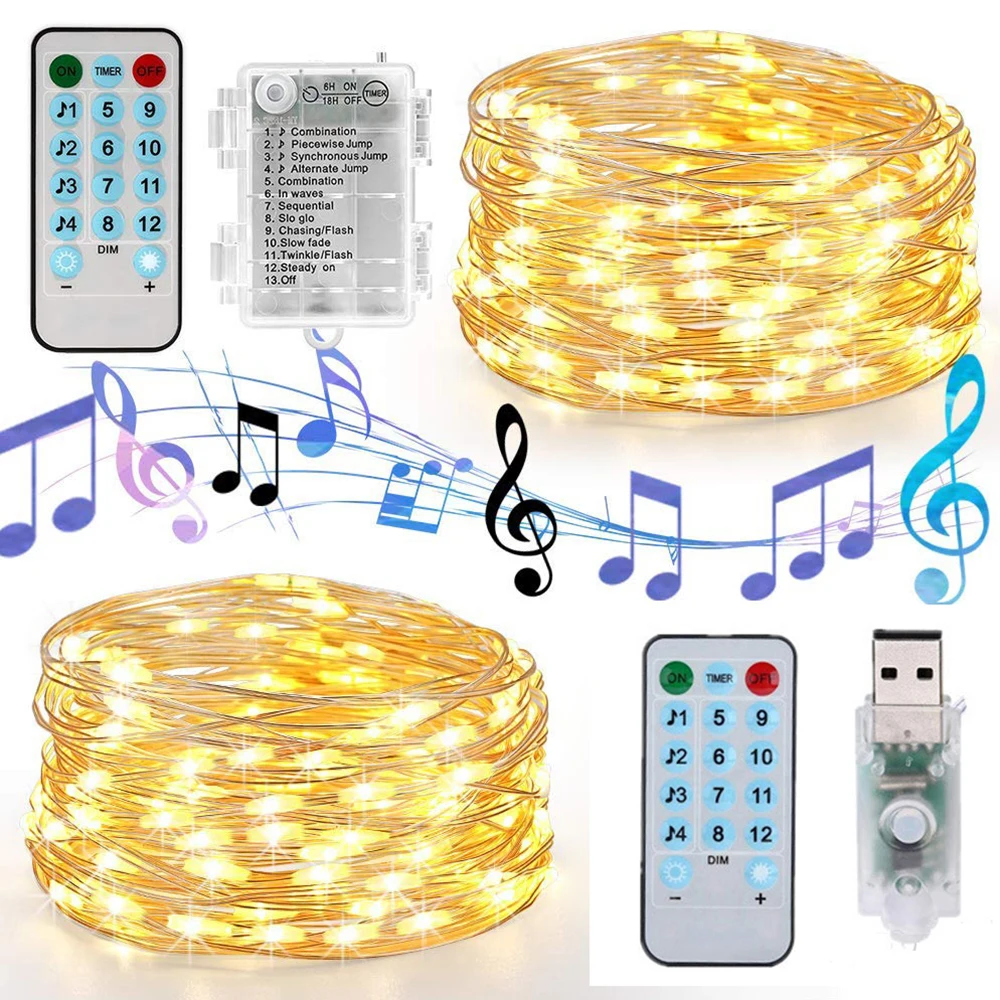 Battery/USB Operated Sound Activated LED Music String Lights 5M 10M Silver Wire Garland Home Christmas Wedding Party Decoration - Испускаемый цвет: Тёплый белый