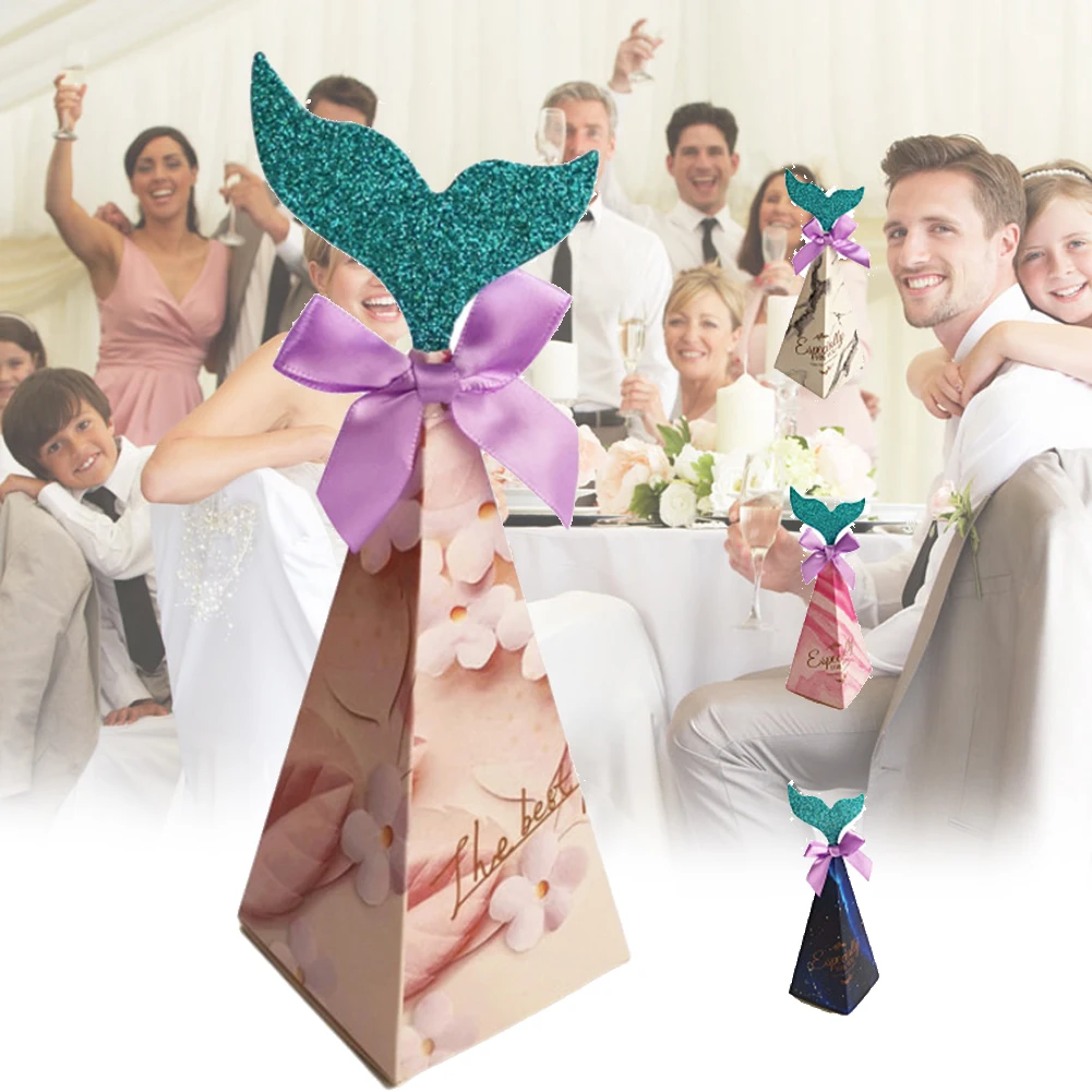 

50Pcs Mermaid Tail Pyramid Candy Boxes with Ribbon Wedding Birthday Party Favor @LS