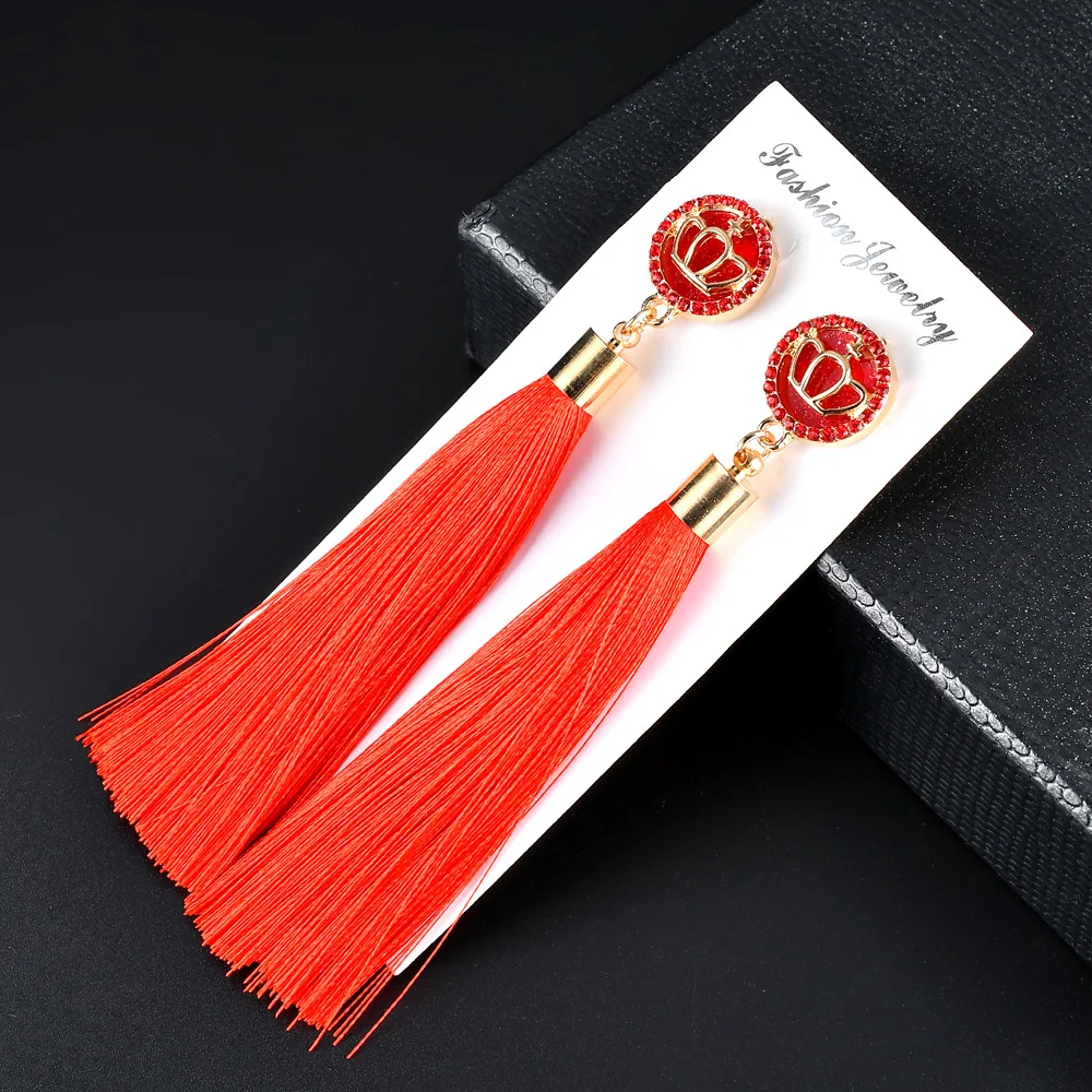 

Fashion Bohemian Tassel Crystal Crown Long Earrings Black White Red Silk Fabric Drop Dangle Tassel Earrings For Women Jewelry