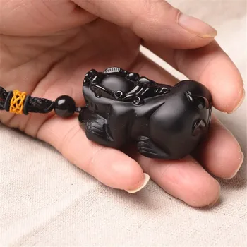 

Natural Black Obsidian Carved Chinese Big PiXiu Amulet Lucky Blessing Pendant Free Necklace Fashion Jewelr
