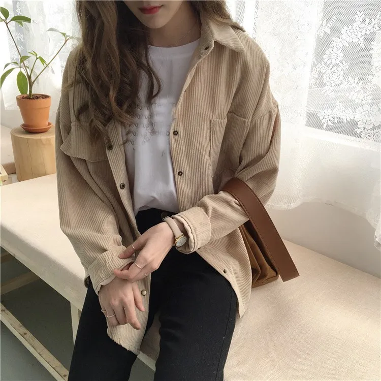 

2 Colors 2018 Autumn Women Casual Jackets Korean Long Sleeve Corduroy Jackets Outwear Turn-Down Collar Pocket Solid Jackets