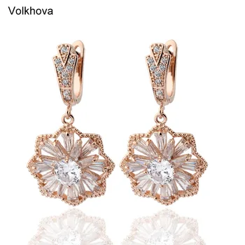 

Shining CZ Zircon Copper Drop Earrings For Women Russia 585 Rose Gold Color Luxury Wedding Bridal Earrings