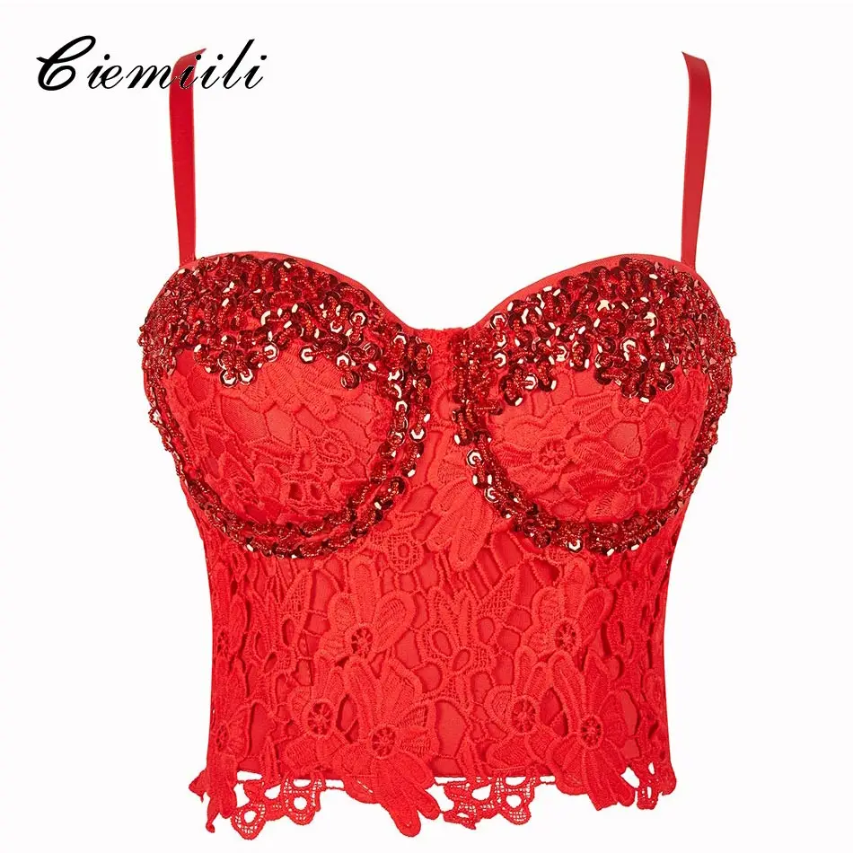 

CIEMIILI 2018 Women New Arrival Summer Party Camis Short Length Lace Floral Spaghetti Strap Sleeveless Ladies Bra Sexy Crop Top