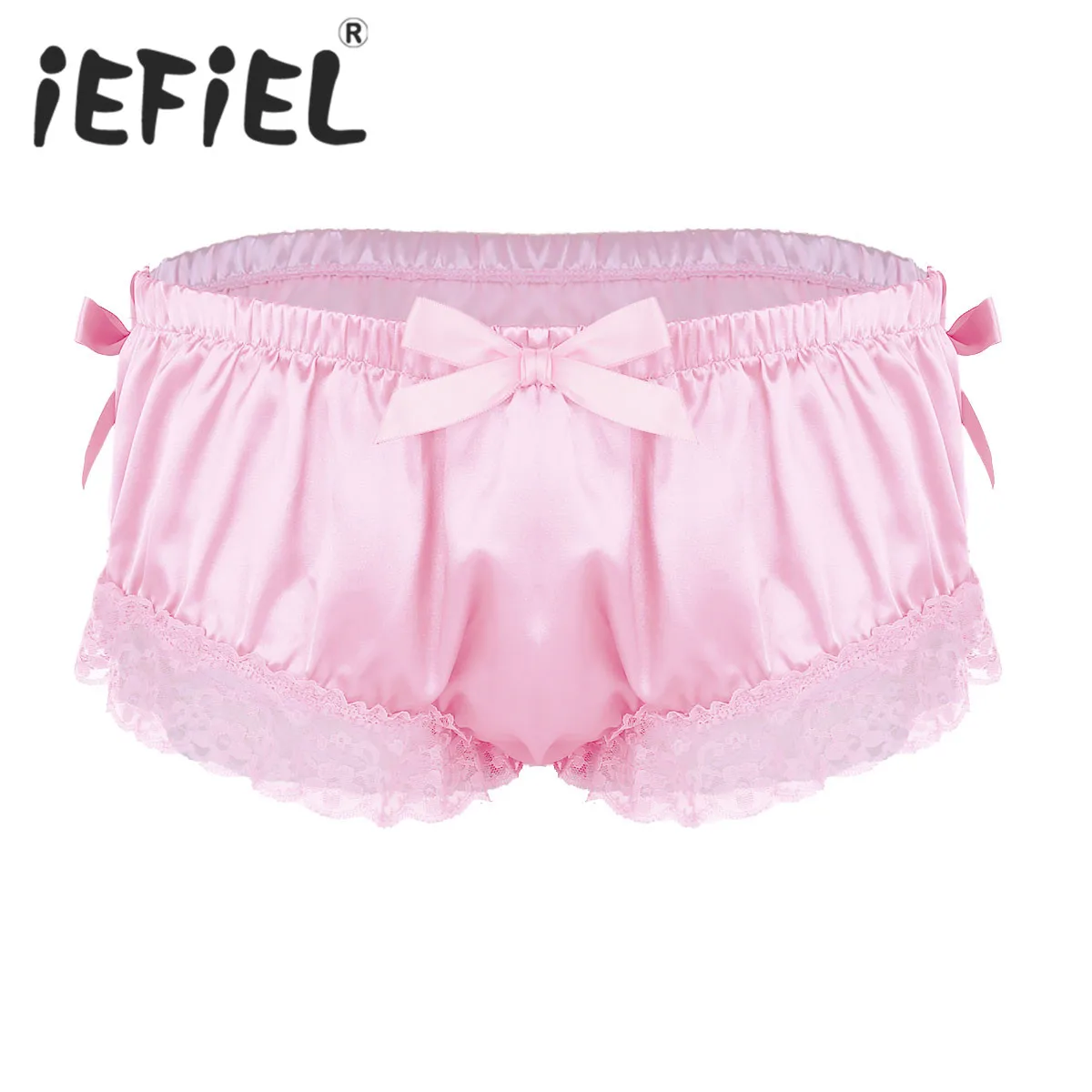 

New Arrival Fashion Mens Male Sissy Shiny Soft Satin Lingerie Ruffled Floral Lace Cute Bowknot Knickers Briefs Underwear Panties