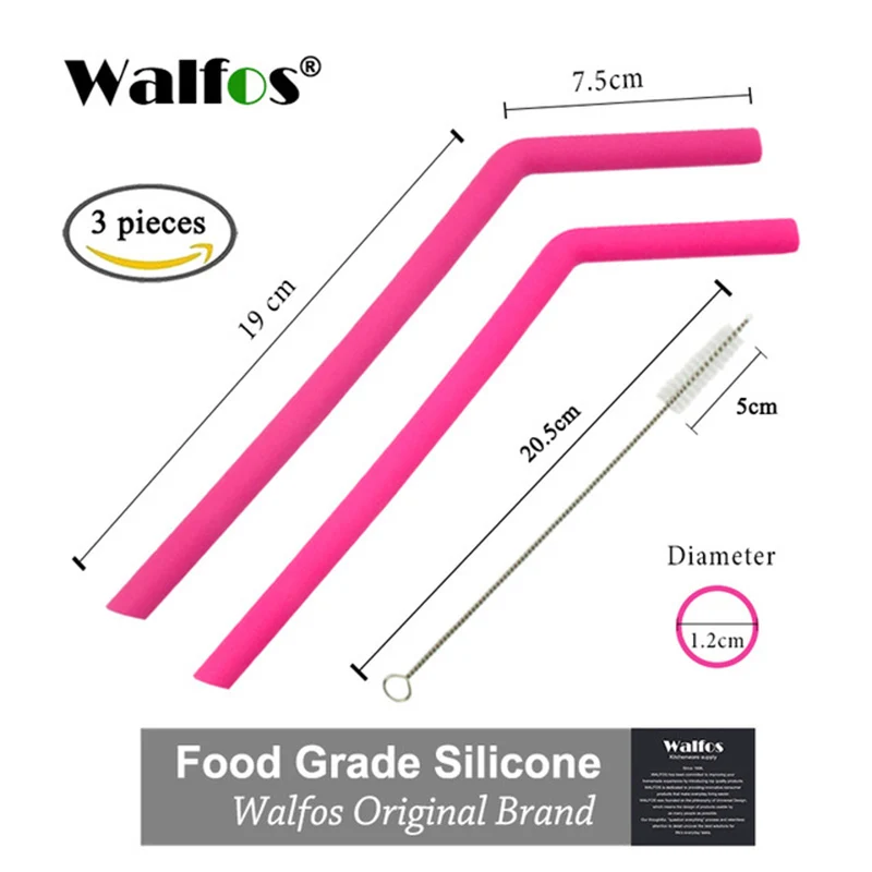 WALFOS 2 шт многоразовые соломинки для питья Пищевая силиконовая соломинка яркая соломинка для питья с чистящей щеткой - Цвет: big pink