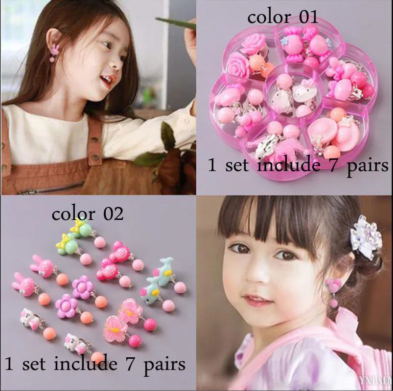 

7 pairs Princess Little girl earring student cute cartoon pendant earrings clip earring kids Christmas baby gift