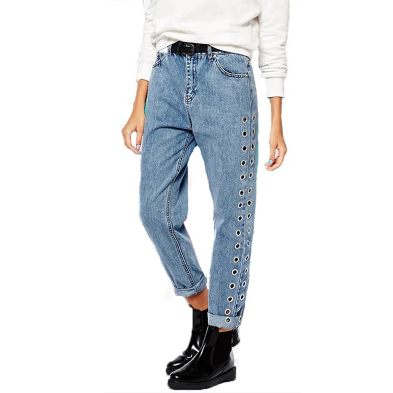 Boyfriend High Waist Jeans With Copper Eyelets Women`s After Party