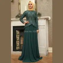Lace Long Sleeve Dark Green Chiffon Hijab Muslim Evening Dress Peplum Formal Party Gown robe de soiree