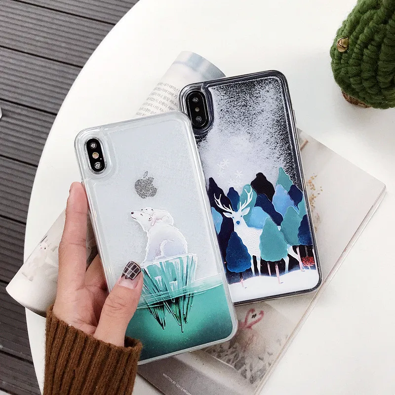 Чехол со снежинками для iPhone XS MAX XR X 8 7 Plus Мягкий ТПУ зыбучий песок Glliter Funda 6 S Polar Bear