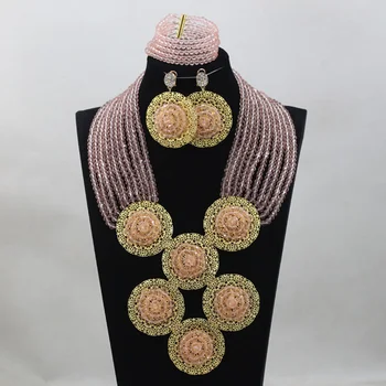 

Unique Baby Pink Crystal Beads Jewelry set Nigerian African Wedding Bridal/Women Beads Necklace Jewelry Set Free Shipping ANJ242