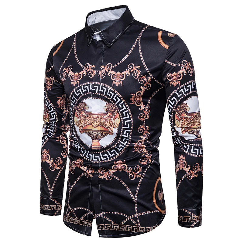 Casual Print Cotton Shirts Mens Long Sleeve Spring New Male Slim Fit Turn-down Collar Shirt Black Fashion