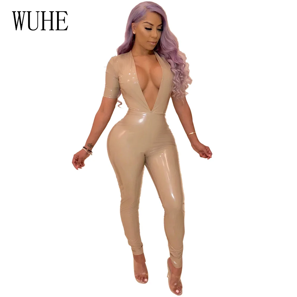 WUHE Sexy PU Leather Bodycon Bandage Jumpsuit Women Deep V Neck Autumn Winter Rompers Overalls Elegant Party Bodysuits Playsuits