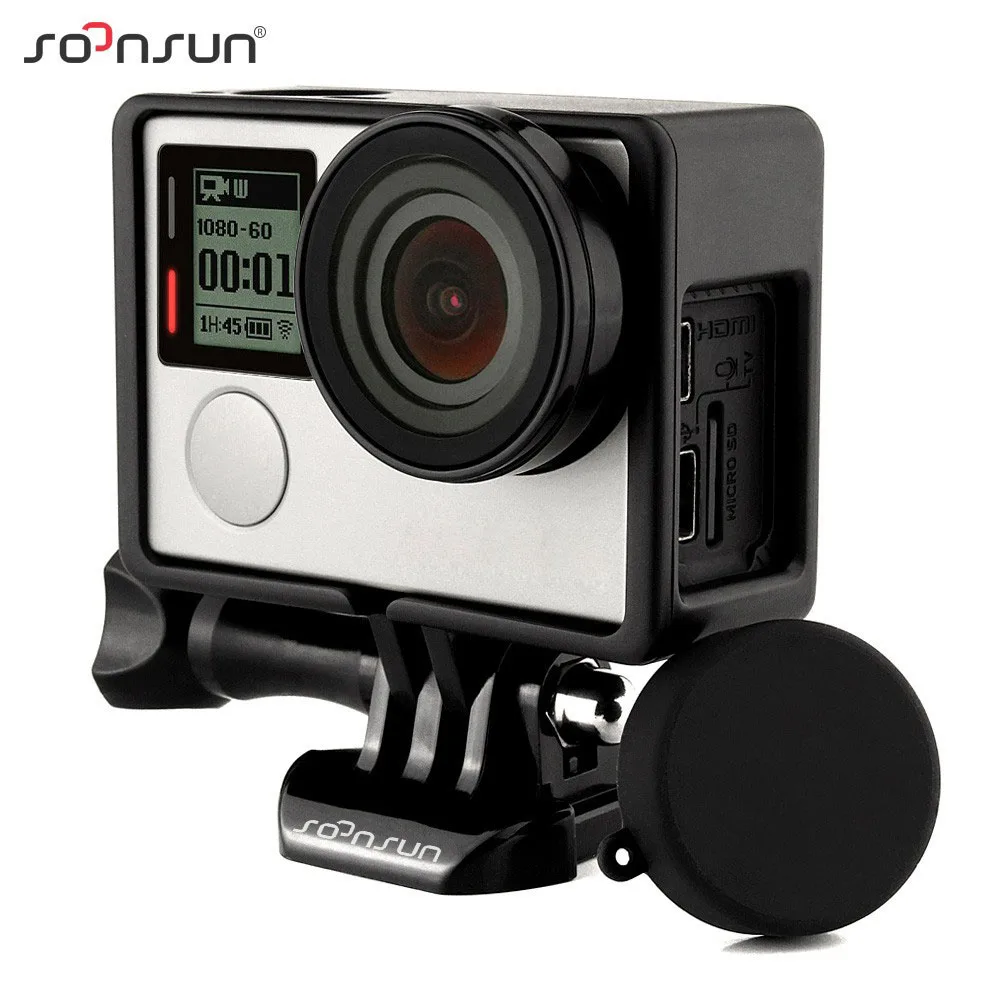 

SOONSUN Standard Frame Mount Protective Housing Case + UV Lens Protector + Len Cap Cover for GoPro Hero 4 3+ 3 Go Pro Accessory