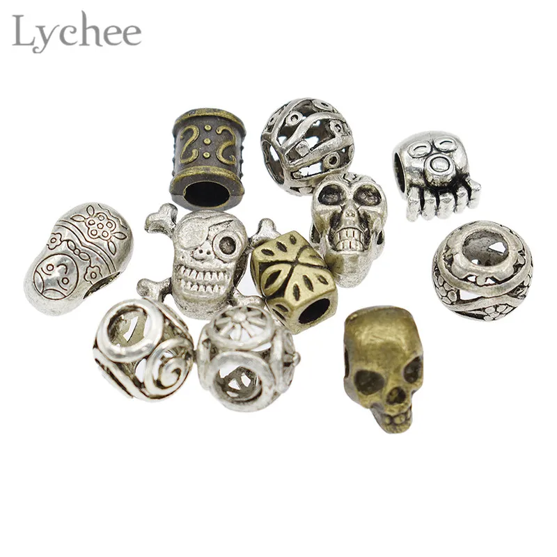 

Lychee 11pcs Alloy Skull Hollow Dreadlock Beads Set Clips Cuff Tube Hair Extension Braiding Hair Trendy Jewelry for Men Women