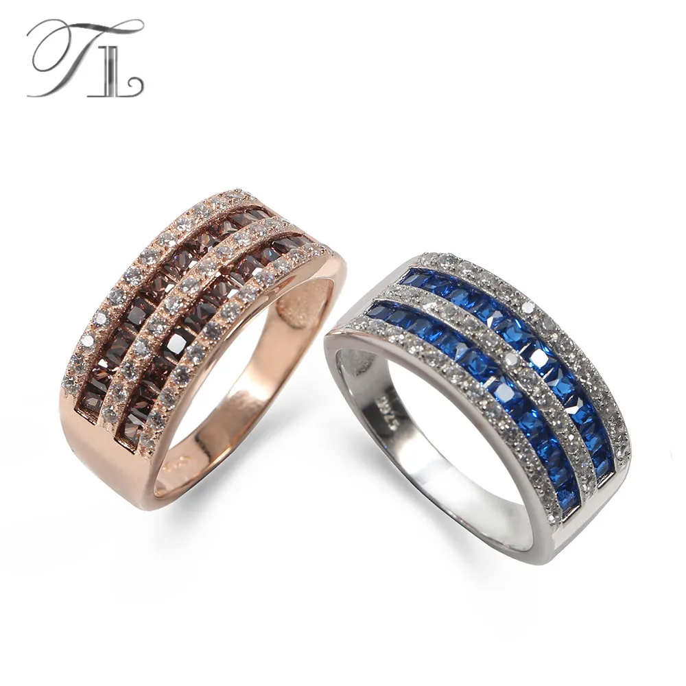 

TL Bridal Rings 925-Sterling-Silver Rings For Women Double Layers Inlay Blue / Champagne Color Cubic Zircon Rings Silver Jewelry