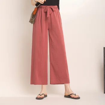 

Nonis Women Summer Mid Elastic Waist Wide Leg Cool Pants Female Ankle Length Ice Silk Trousers Drawstring Casual Pants 2019