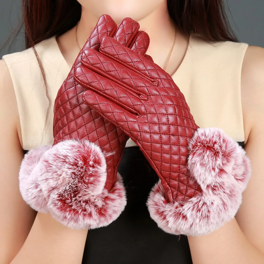 Женская Мода меховые утепленные кожа Сенсорный экран Прихватки для мангала в ромб узор зима Утепленная одежда
